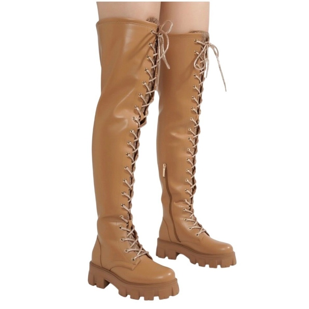 Cape Robbin Nude Over The Knee Rhinestone Lace Up Lug Sole Boots Size 5 New